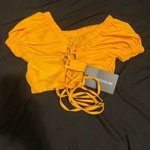 PrettyLittleThing Bright Orange Lace-Up Puff Sleeve Crop Top